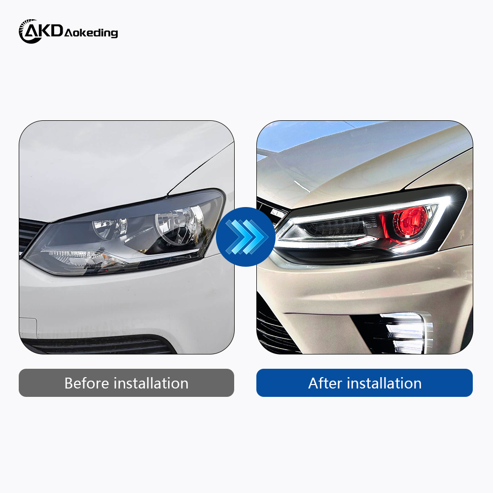 AKD is suitable for retrofitting 2011-2018 Volkswagen POLO "Devil Eye" headlight assemblies with LED lenses, daytime running lights, and sequential turn signals.