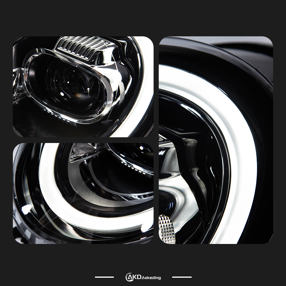 AKD headlight assembly specifically for 2014-2023 BMW Mini models (F55, F56, F57) with upgraded daytime running lights, LED projector headlights.