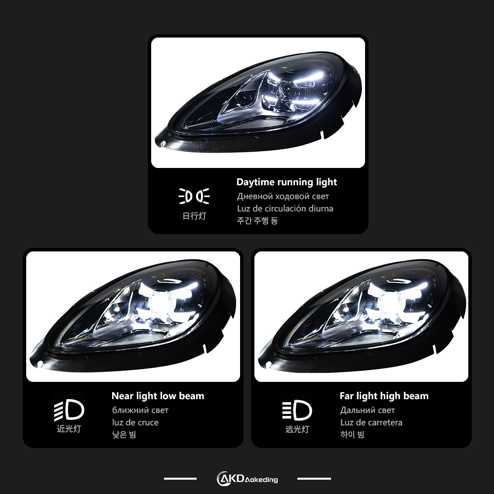 AKD headlight assembly upgrade for 2014-2020 Porsche Macan models, featuring new high-spec full LED projector headlights and daytime running lights.