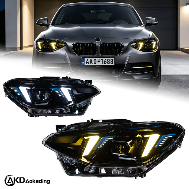 AKD Headlight Assembly Upgrade for 2012-2014 BMW 1 Series F20 Models: LED Laser Sequential Turn Signals, Daytime Running Lights, And Bi-xenon Projector Lenses.