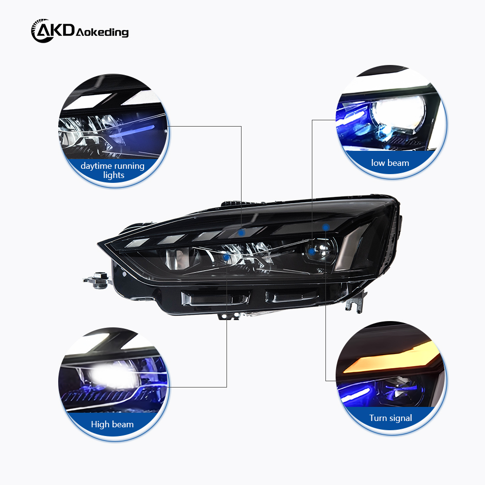 AKD headlight assembly modification for 2017-2020 Audi A5 models, featuring RS-style LED daytime running lights, dynamic turn signals, and laser headlights.