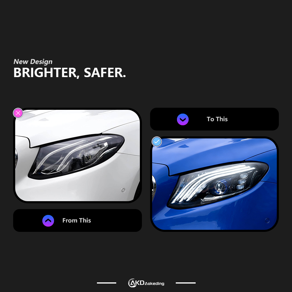 AKD headlight assembly for 2016-2023 Mercedes-Benz E-Class W213 models, modified with Maybach-style LED projector headlights and daytime running lights.