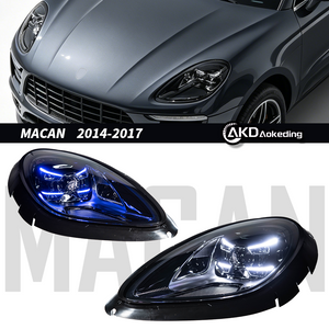AKD headlight assembly upgrade for 2014-2020 Porsche Macan models, featuring new high-spec full LED projector headlights and daytime running lights.