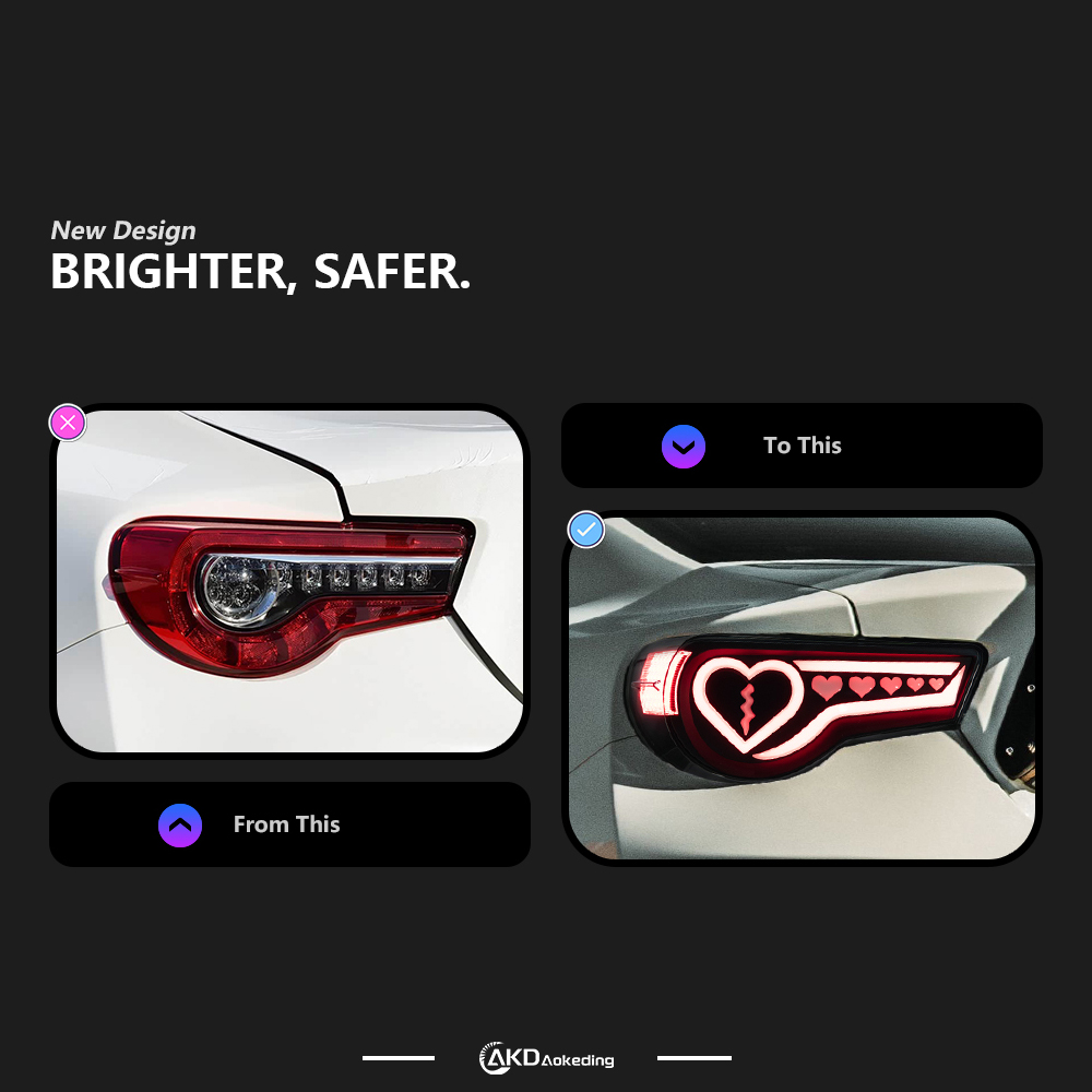AKD taillight assembly for 2012-2020 Toyota GT86 and Subaru BRZ with heart-shaped LED sequential turn signals.