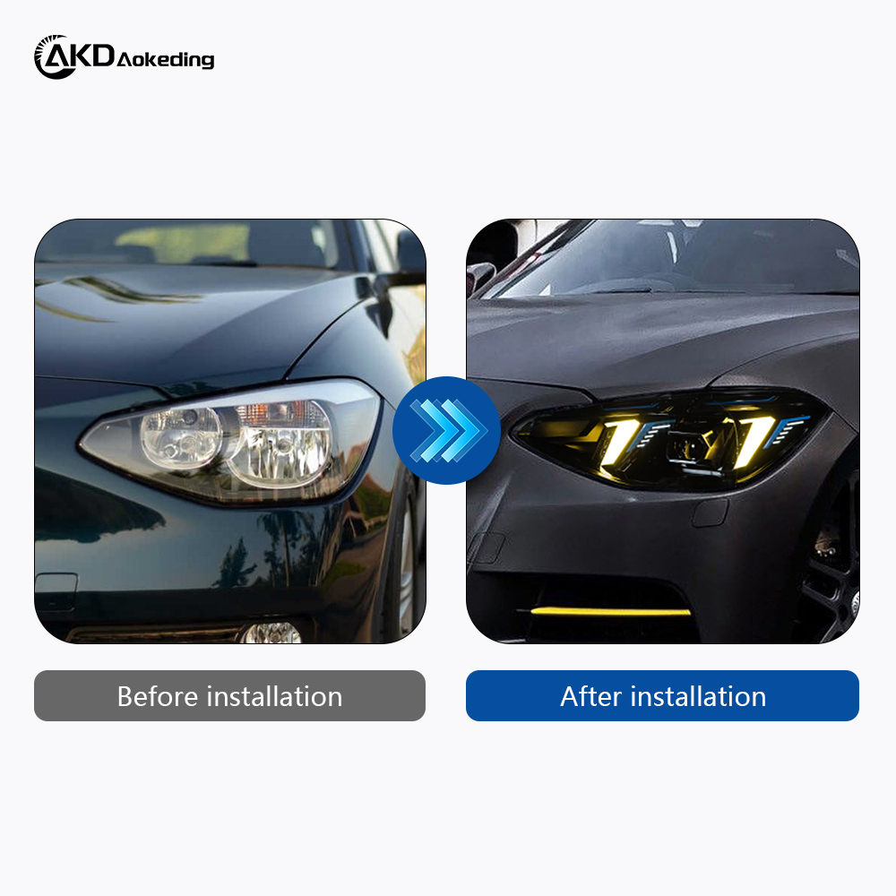 AKD Headlight Assembly Upgrade for 2012-2014 BMW 1 Series F20 Models: LED Laser Sequential Turn Signals, Daytime Running Lights, And Bi-xenon Projector Lenses.
