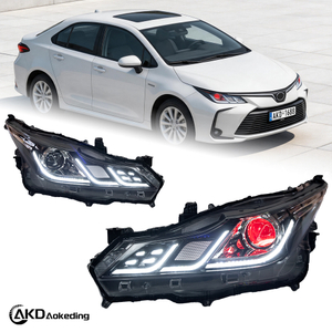 AKD headlight assembly upgrade for 2019-2022 Toyota Corolla, featuring LED lenses, daytime running lights, and sequential turn signals.