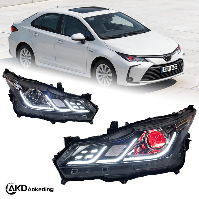 AKD headlight assembly upgrade for 2019-2022 Toyota Corolla, featuring LED lenses, daytime running lights, and sequential turn signals.