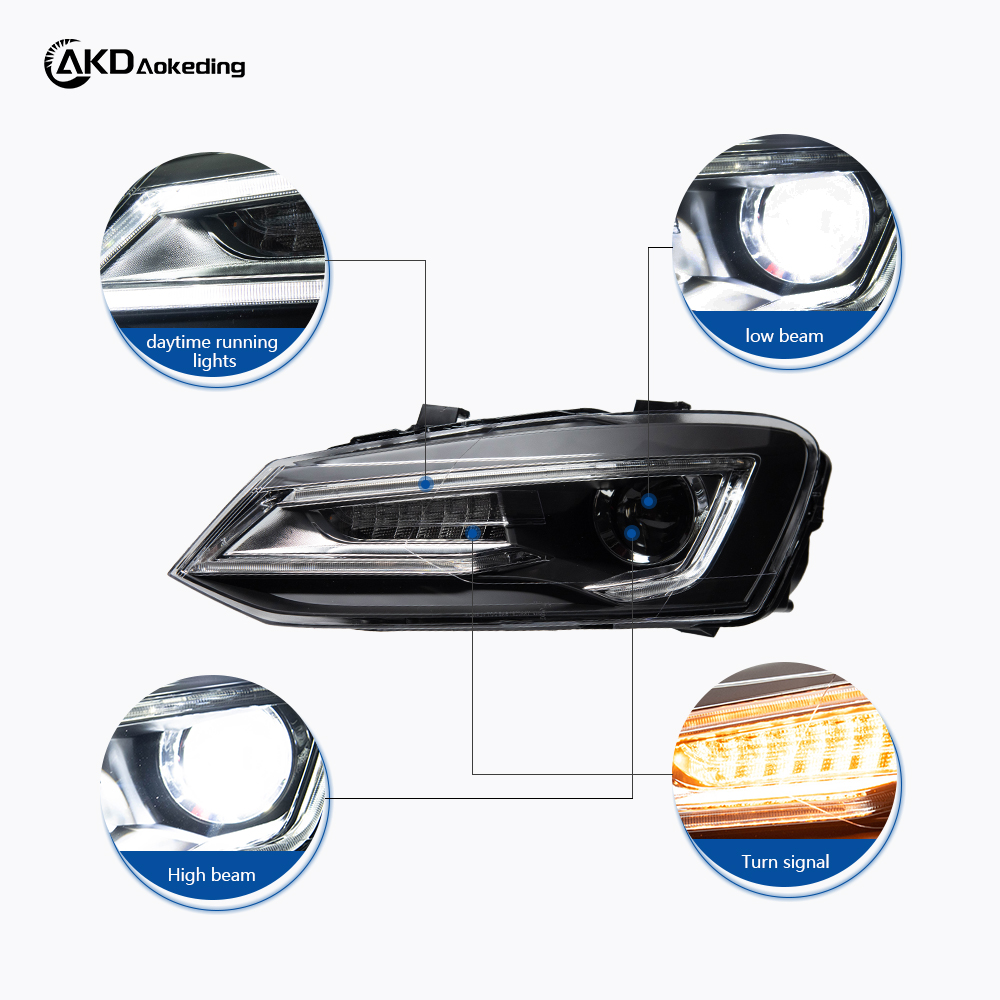AKD is suitable for retrofitting 2011-2018 Volkswagen POLO "Devil Eye" headlight assemblies with LED lenses, daytime running lights, and sequential turn signals.