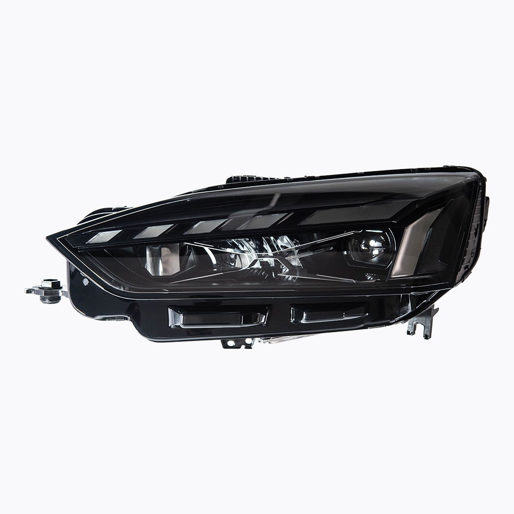 AKD headlight assembly modification for 2017-2020 Audi A5 models, featuring RS-style LED daytime running lights, dynamic turn signals, and laser headlights.
