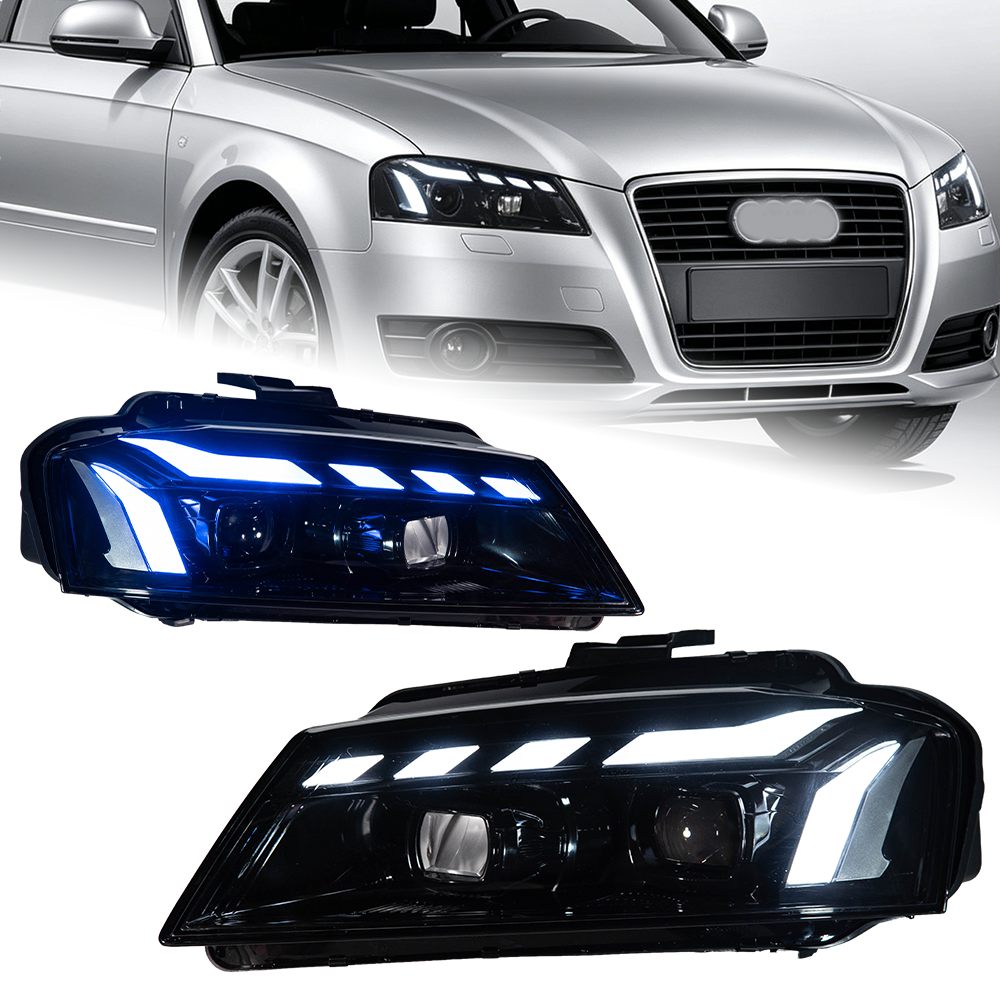AKD Headlight Assembly Modification for 2008-2012 Audi A3 Models, RS Style with Flowing Turn Signals And LED Bi-xenon Projector Headlights.