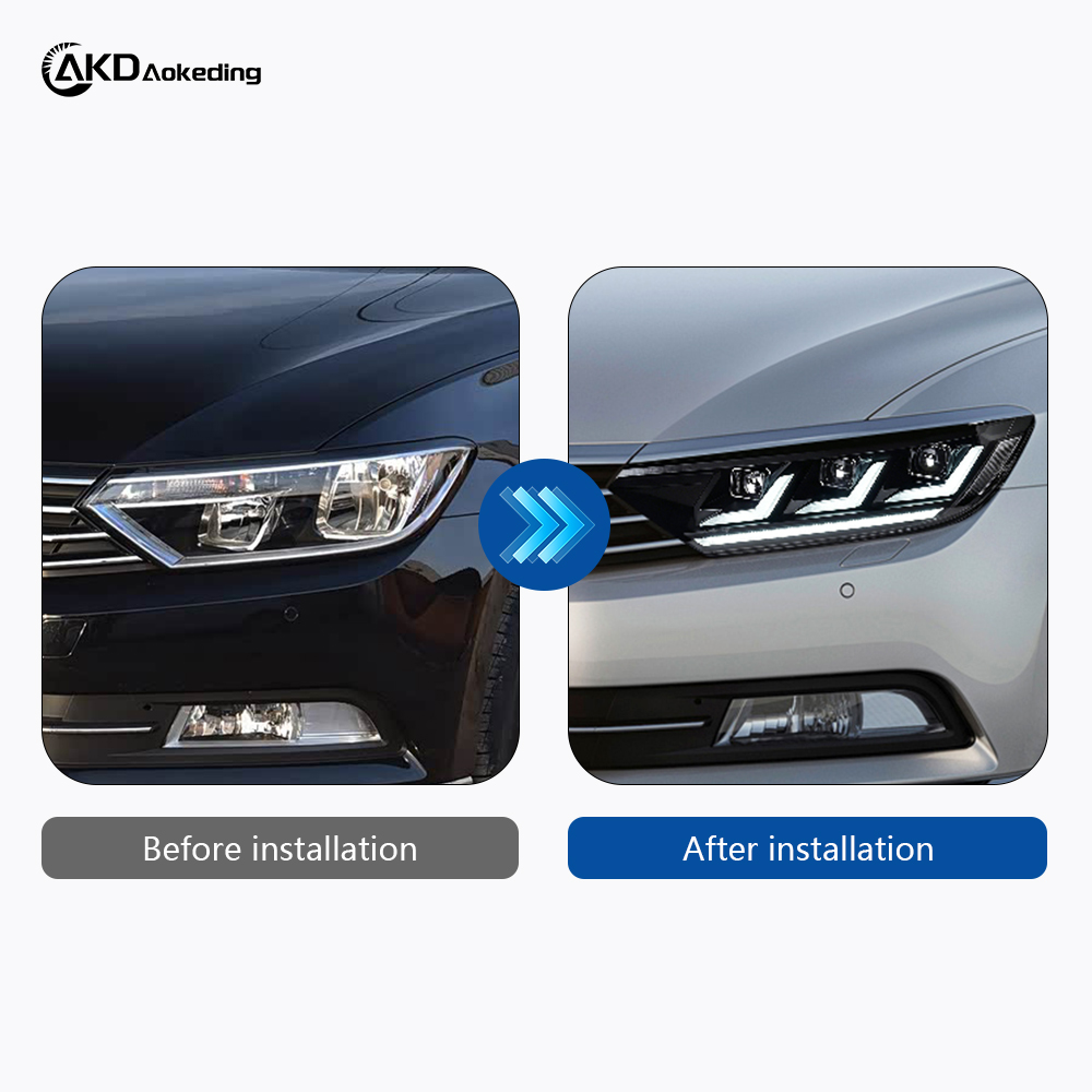 AKD Headlight Assembly Upgrade for 2017-2019 Volkswagen Passat EU B8 Models, Featuring LED Daytime Running Lights, Sequential Turn Signals, And Projector Lenses.