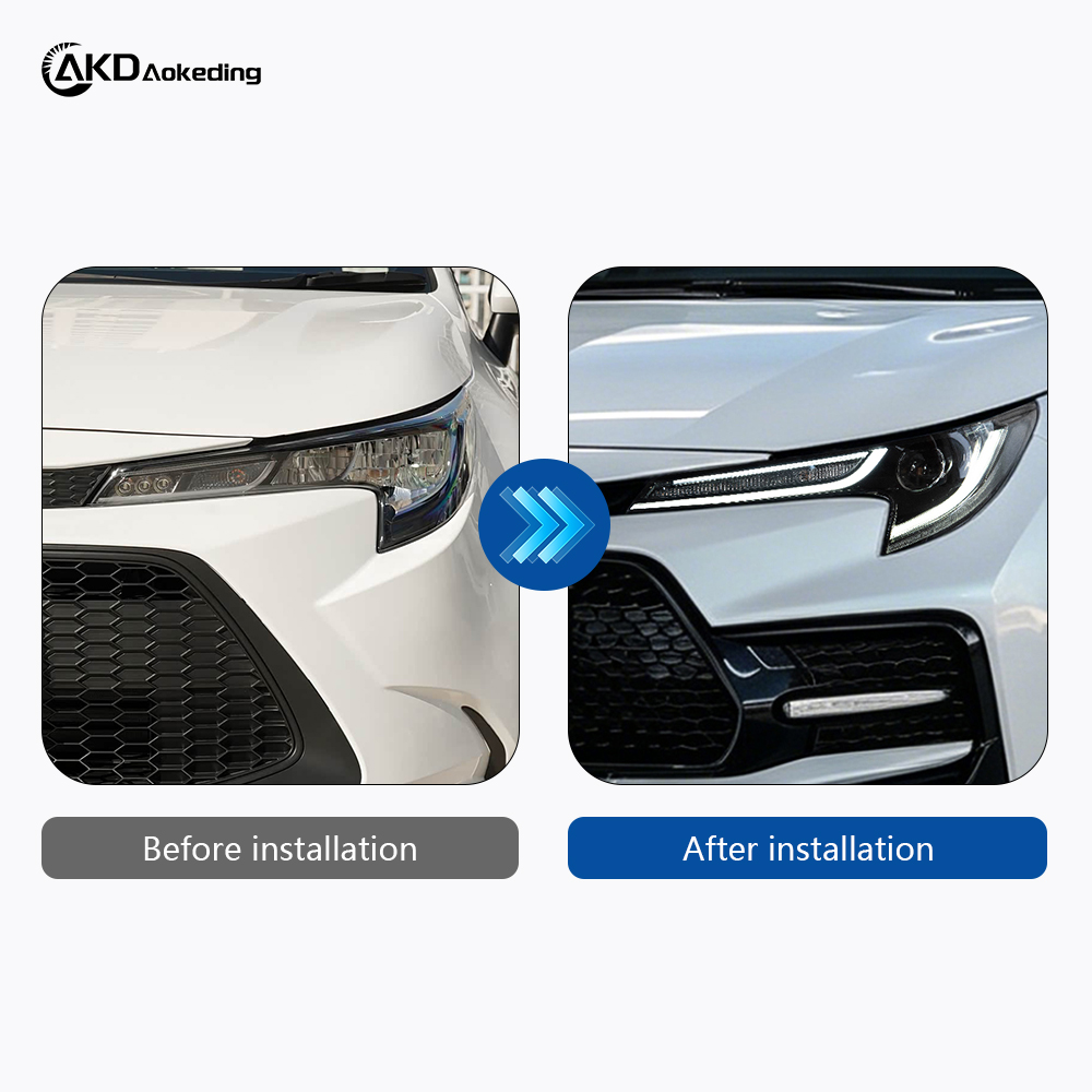 AKD headlight assembly upgrade for 2019-2022 Toyota Corolla, featuring LED lenses, daytime running lights, and sequential turn signals.
