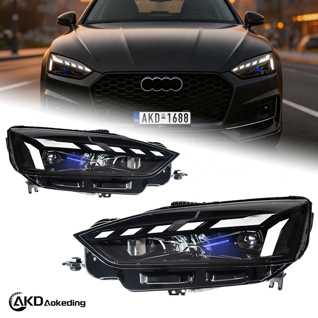 AKD headlight assembly modification for 2017-2020 Audi A5 models, featuring RS-style LED daytime running lights, dynamic turn signals, and laser headlights.