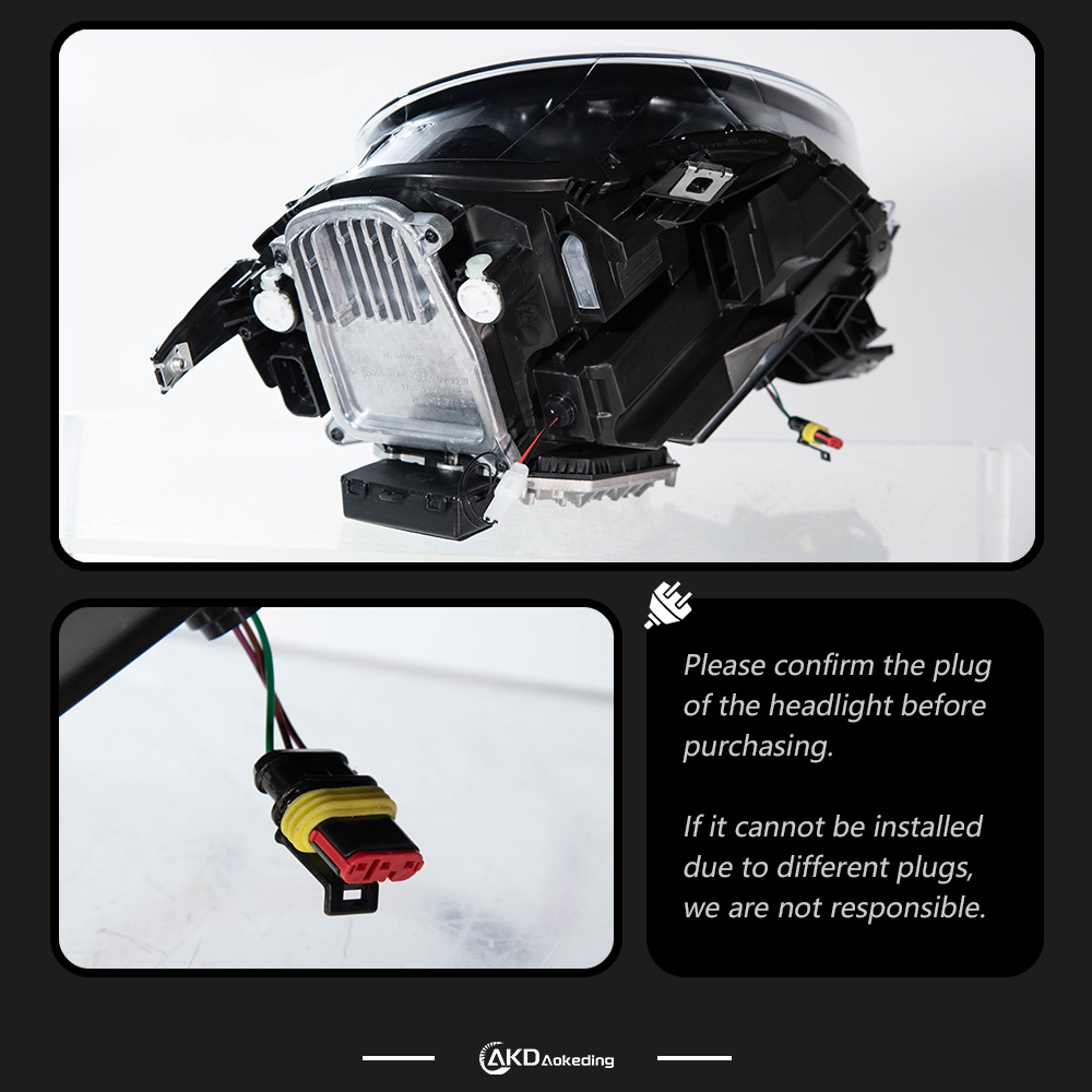 AKD headlight assembly specifically for 2014-2023 BMW Mini models (F55, F56, F57) with upgraded daytime running lights, LED projector headlights.