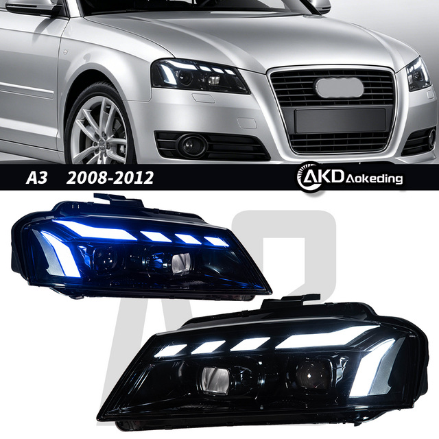AKD Headlight Assembly Modification for 2008-2012 Audi A3 Models, RS Style with Flowing Turn Signals And LED Bi-xenon Projector Headlights.