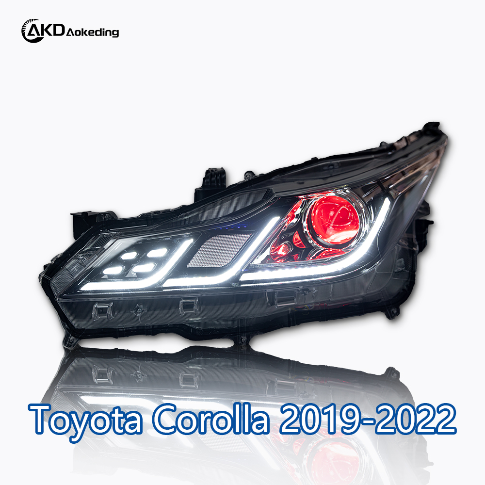 AKD headlight assembly upgrade for 2019-2022 Toyota Corolla, featuring LED lenses, daytime running lights, and sequential turn signals.