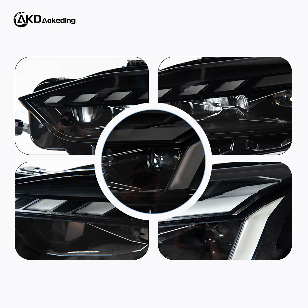AKD headlight assembly modification for 2017-2020 Audi A5 models, featuring RS-style LED daytime running lights, dynamic turn signals, and laser headlights.