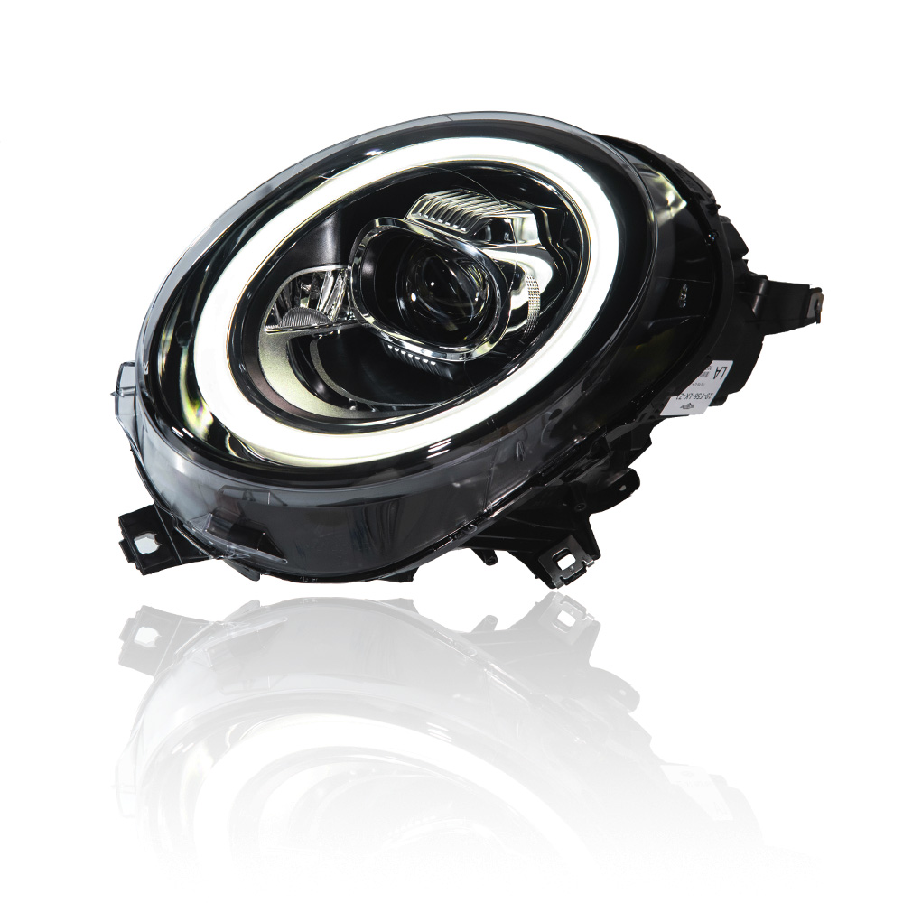 AKD headlight assembly specifically for 2014-2023 BMW Mini models (F55, F56, F57) with upgraded daytime running lights, LED projector headlights.