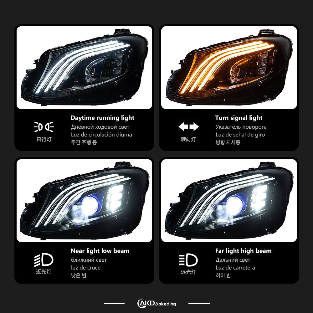AKD headlight assembly for 2016-2023 Mercedes-Benz E-Class W213 models, modified with Maybach-style LED projector headlights and daytime running lights.