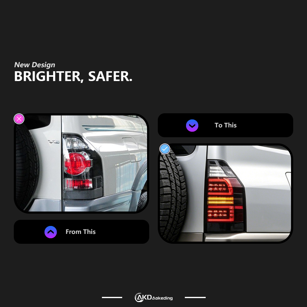 AKD is suitable for retrofitting the taillight assembly of 2009-2022 Mitsubishi Pajero V73 with scanning LED daytime running lights and sequential turn signals.