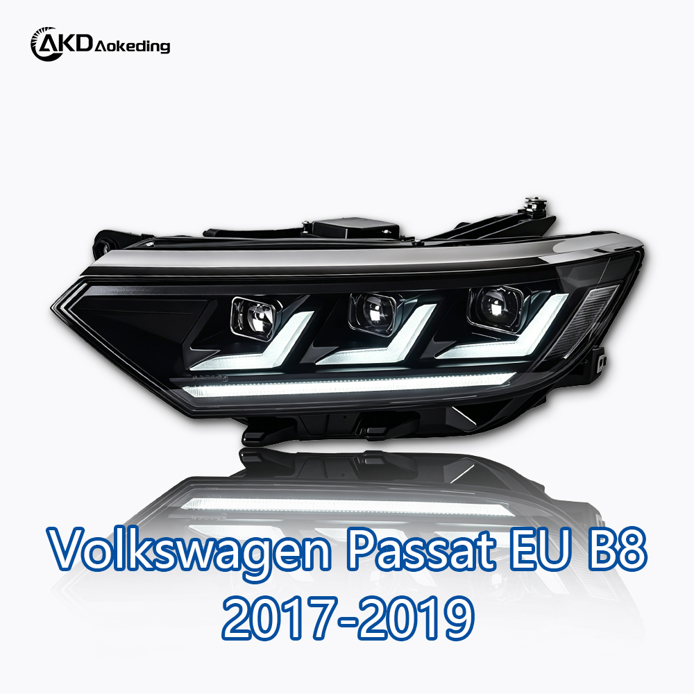AKD Headlight Assembly Upgrade for 2017-2019 Volkswagen Passat EU B8 Models, Featuring LED Daytime Running Lights, Sequential Turn Signals, And Projector Lenses.
