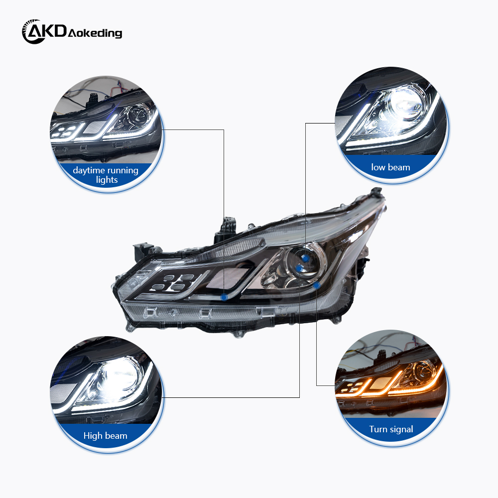AKD headlight assembly upgrade for 2019-2022 Toyota Corolla, featuring LED lenses, daytime running lights, and sequential turn signals.