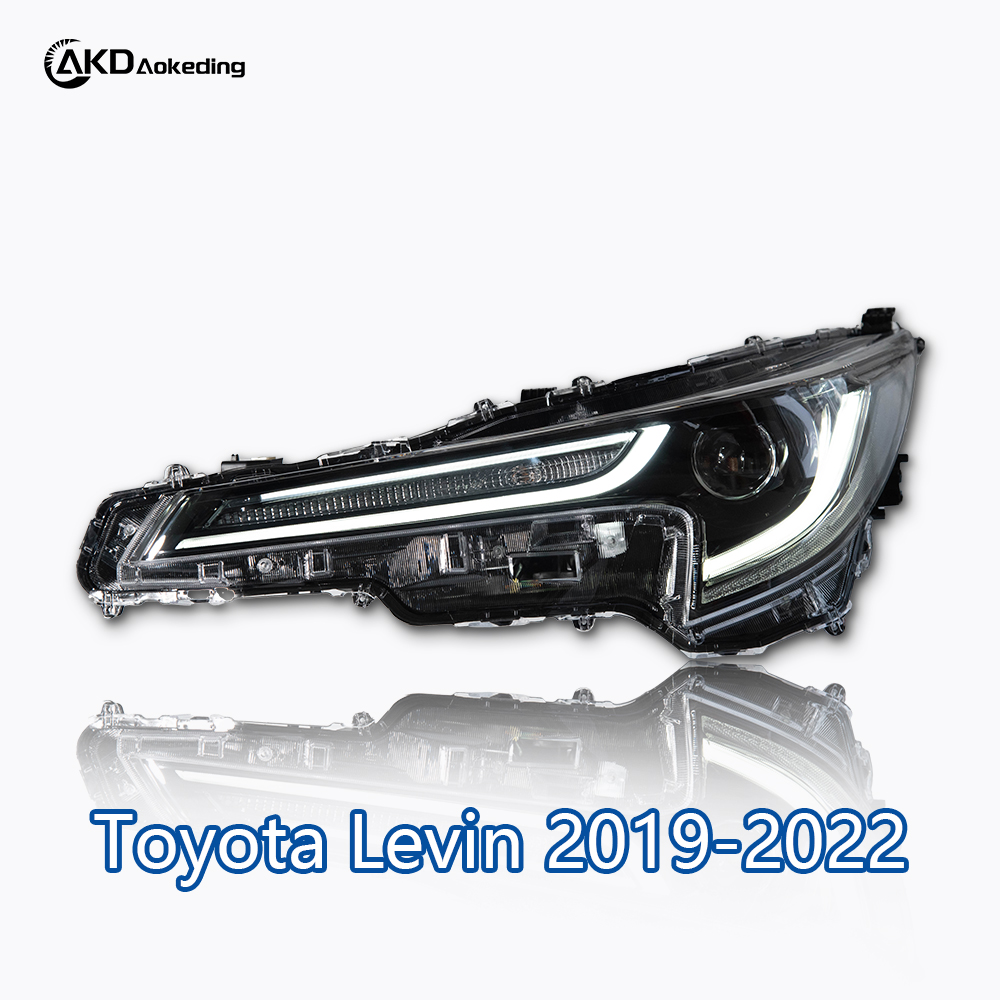 AKD headlight assembly upgrade for 2019-2022 Toyota Corolla, featuring LED lenses, daytime running lights, and sequential turn signals.