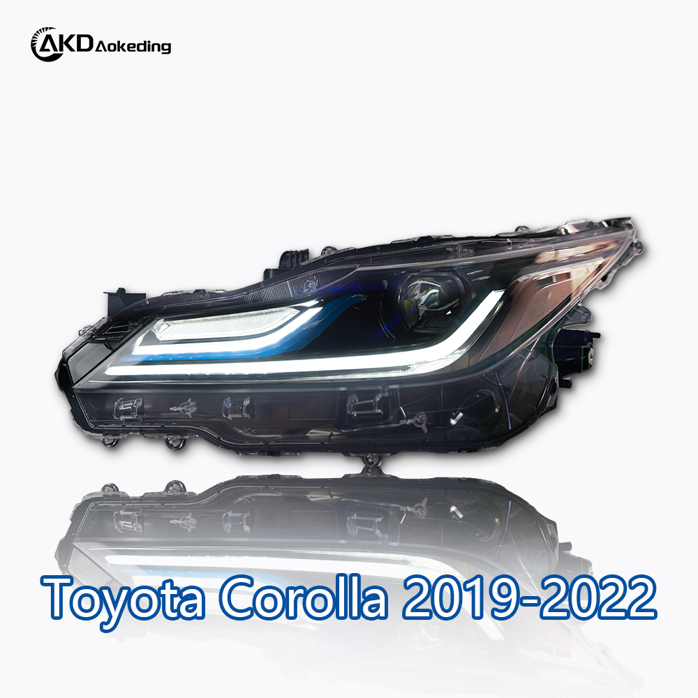 AKD headlight assembly upgrade for 2019-2022 Toyota Corolla, featuring LED lenses, daytime running lights, and sequential turn signals.