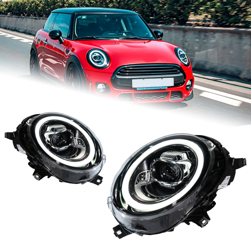 AKD headlight assembly specifically for 2014-2023 BMW Mini models (F55, F56, F57) with upgraded daytime running lights, LED projector headlights.