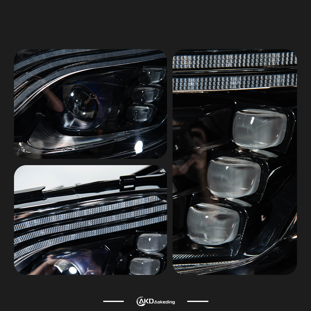 AKD headlight assembly for 2016-2023 Mercedes-Benz E-Class W213 models, modified with Maybach-style LED projector headlights and daytime running lights.
