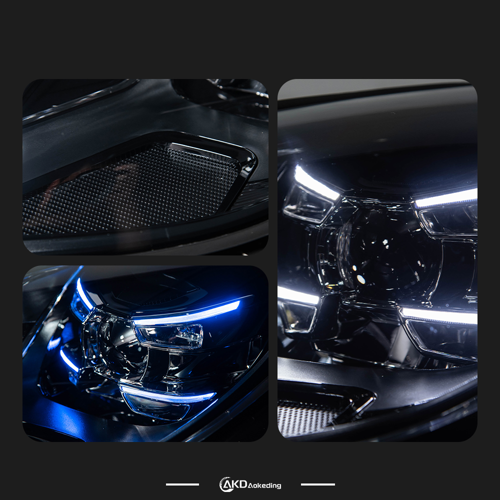 AKD headlight assembly upgrade for 2014-2020 Porsche Macan models, featuring new high-spec full LED projector headlights and daytime running lights.