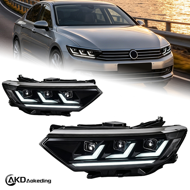 AKD Headlight Assembly Upgrade for 2017-2019 Volkswagen Passat EU B8 Models, Featuring LED Daytime Running Lights, Sequential Turn Signals, And Projector Lenses.
