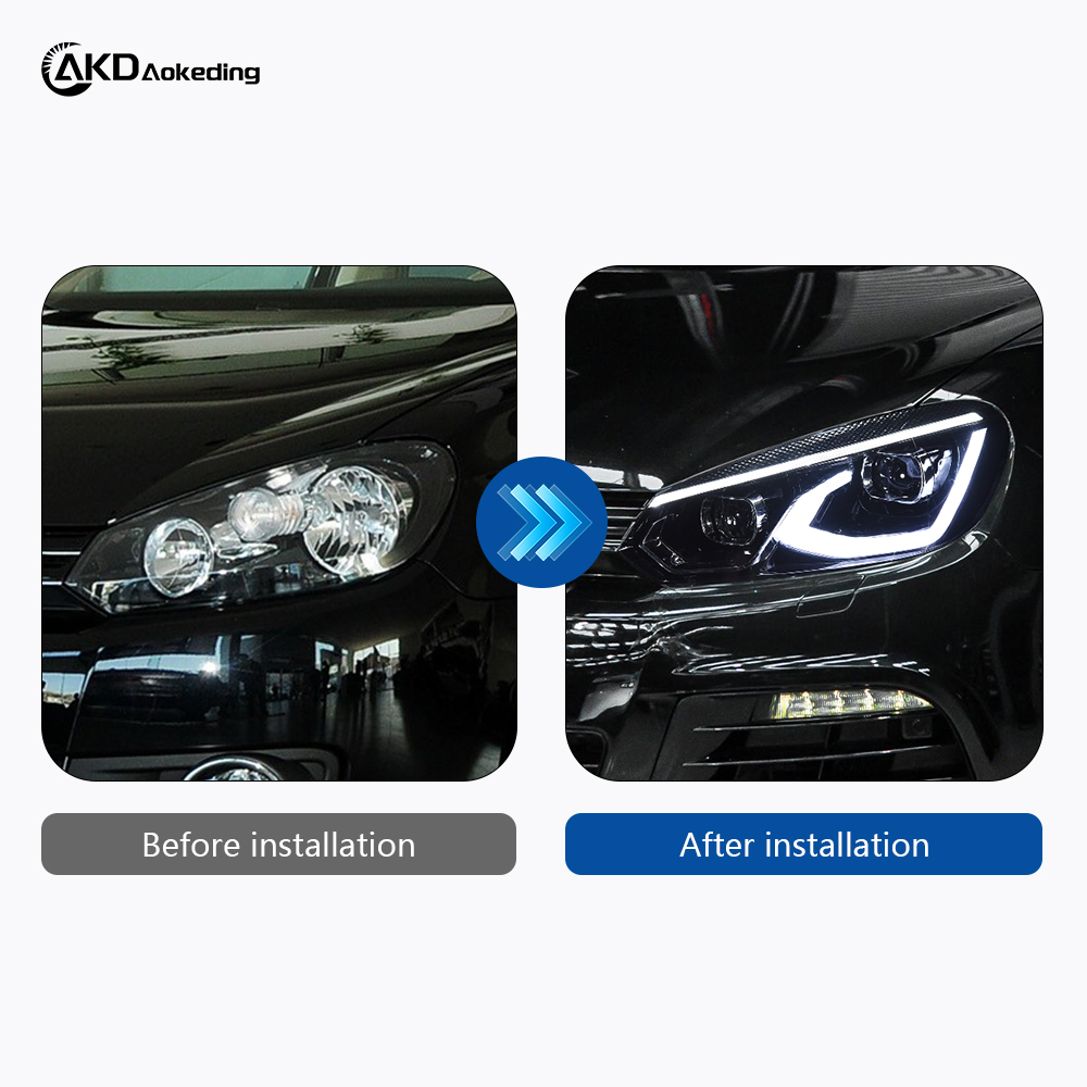 AKD headlight assembly upgrade for 2009-2012 Volkswagen Golf 6, and LED upgrade dual-lens lens parts for Golf 8.