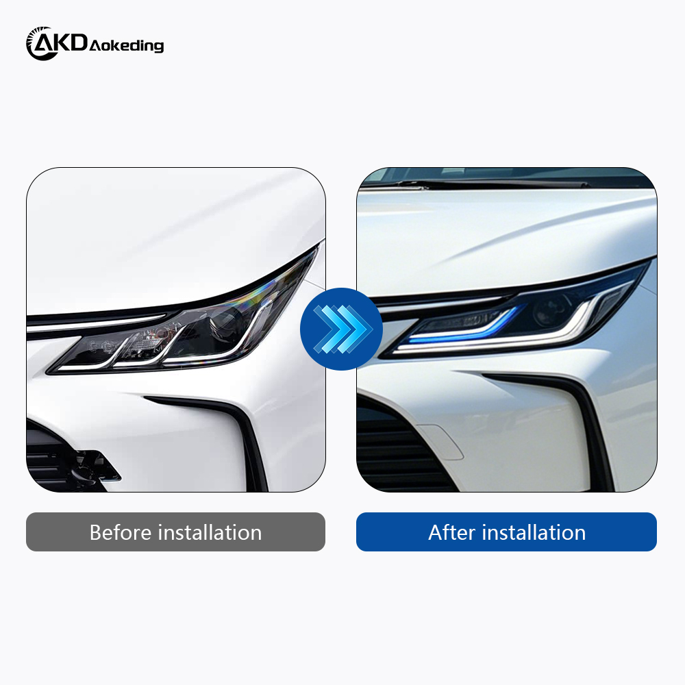 AKD headlight assembly upgrade for 2019-2022 Toyota Corolla, featuring LED lenses, daytime running lights, and sequential turn signals.
