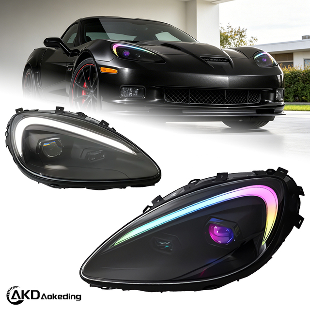 AKD headlight assembly for 2005-2013 Chevrolet Corvettes, C6 retrofit with RGB LED daytime running lights.