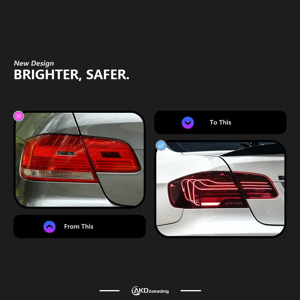 AKD is suitable for modifying 2006-2012 BMW 3 Series E92 taillights with laser lines, LED turn signals, brake lights, and reversing lights.