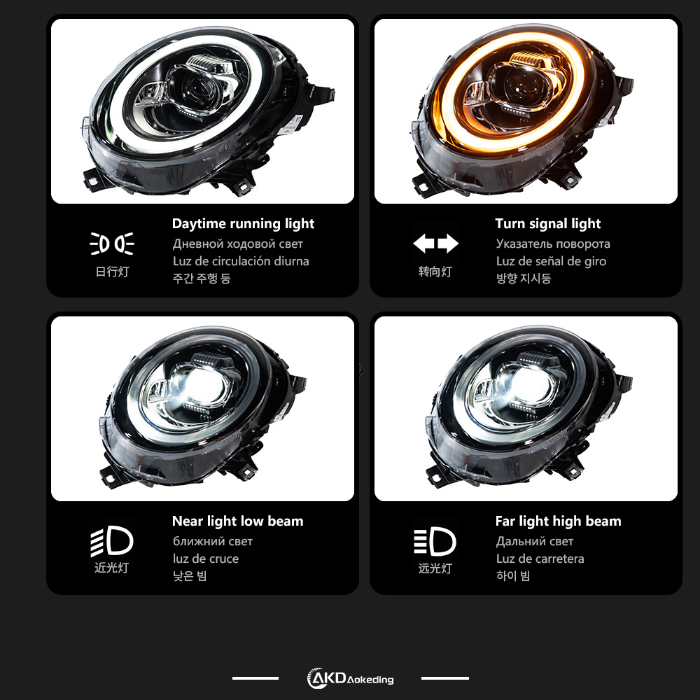 AKD headlight assembly specifically for 2014-2023 BMW Mini models (F55, F56, F57) with upgraded daytime running lights, LED projector headlights.
