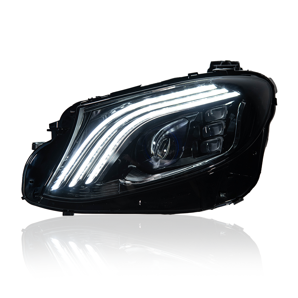 AKD headlight assembly for 2016-2023 Mercedes-Benz E-Class W213 models, modified with Maybach-style LED projector headlights and daytime running lights.