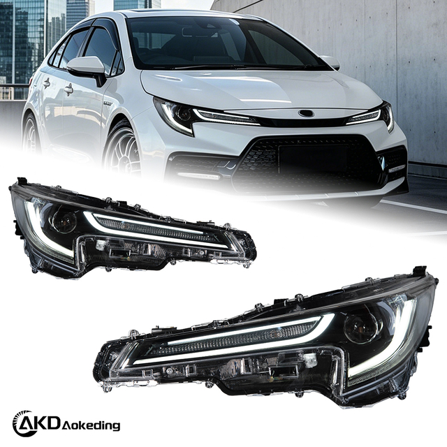AKD headlight assembly upgrade for 2019-2022 Toyota Corolla, featuring LED lenses, daytime running lights, and sequential turn signals.