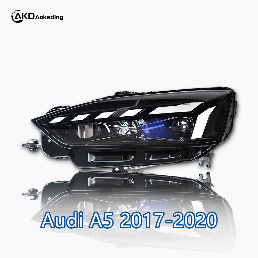 AKD headlight assembly modification for 2017-2020 Audi A5 models, featuring RS-style LED daytime running lights, dynamic turn signals, and laser headlights.