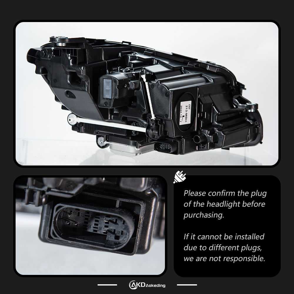 AKD headlight assembly for 2016-2023 Mercedes-Benz E-Class W213 models, modified with Maybach-style LED projector headlights and daytime running lights.