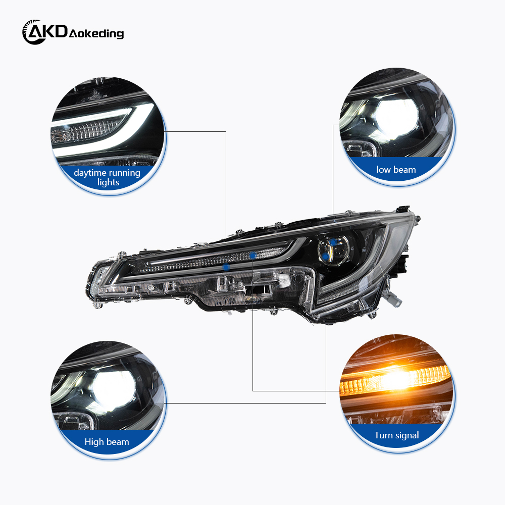 AKD headlight assembly upgrade for 2019-2022 Toyota Corolla, featuring LED lenses, daytime running lights, and sequential turn signals.