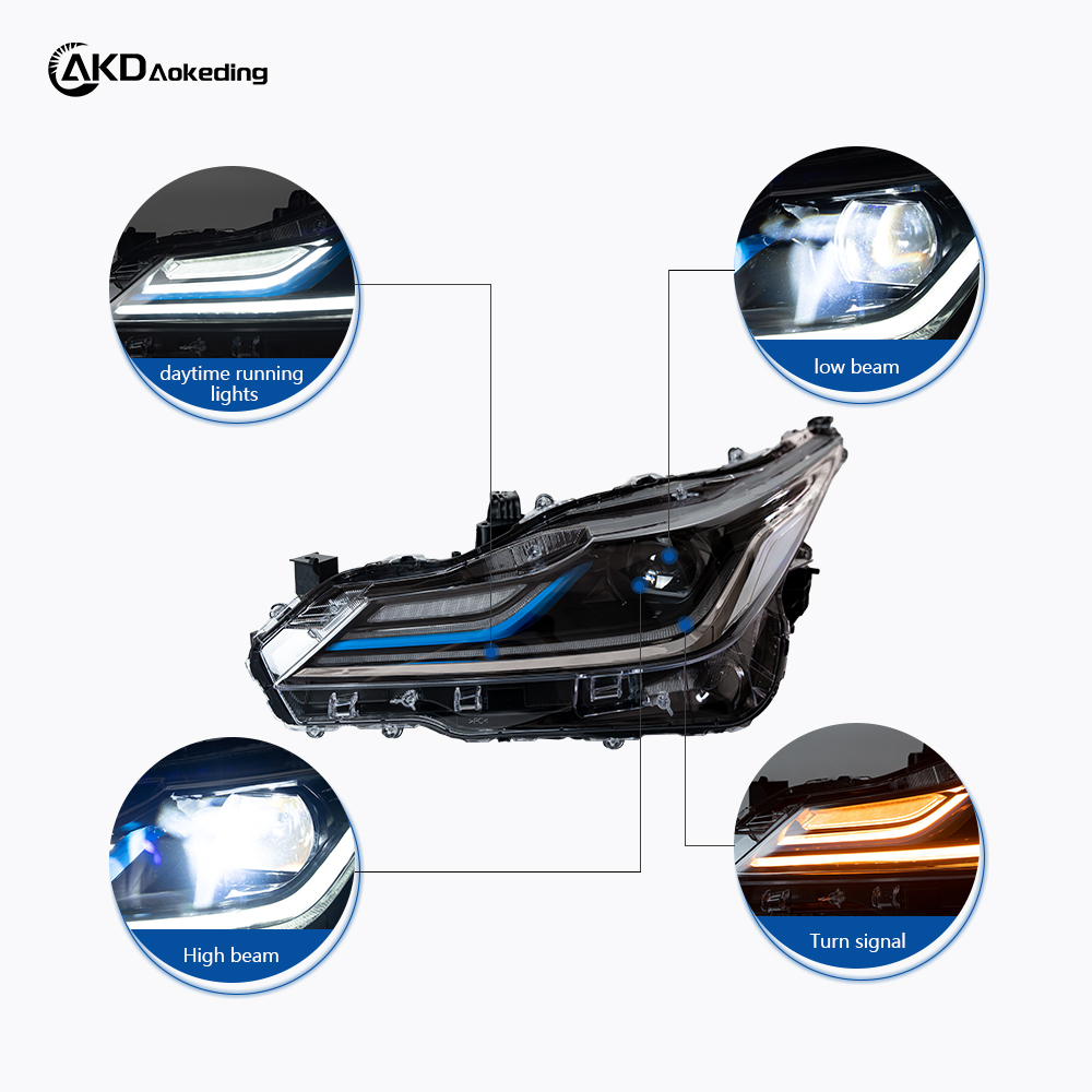 AKD headlight assembly upgrade for 2019-2022 Toyota Corolla, featuring LED lenses, daytime running lights, and sequential turn signals.
