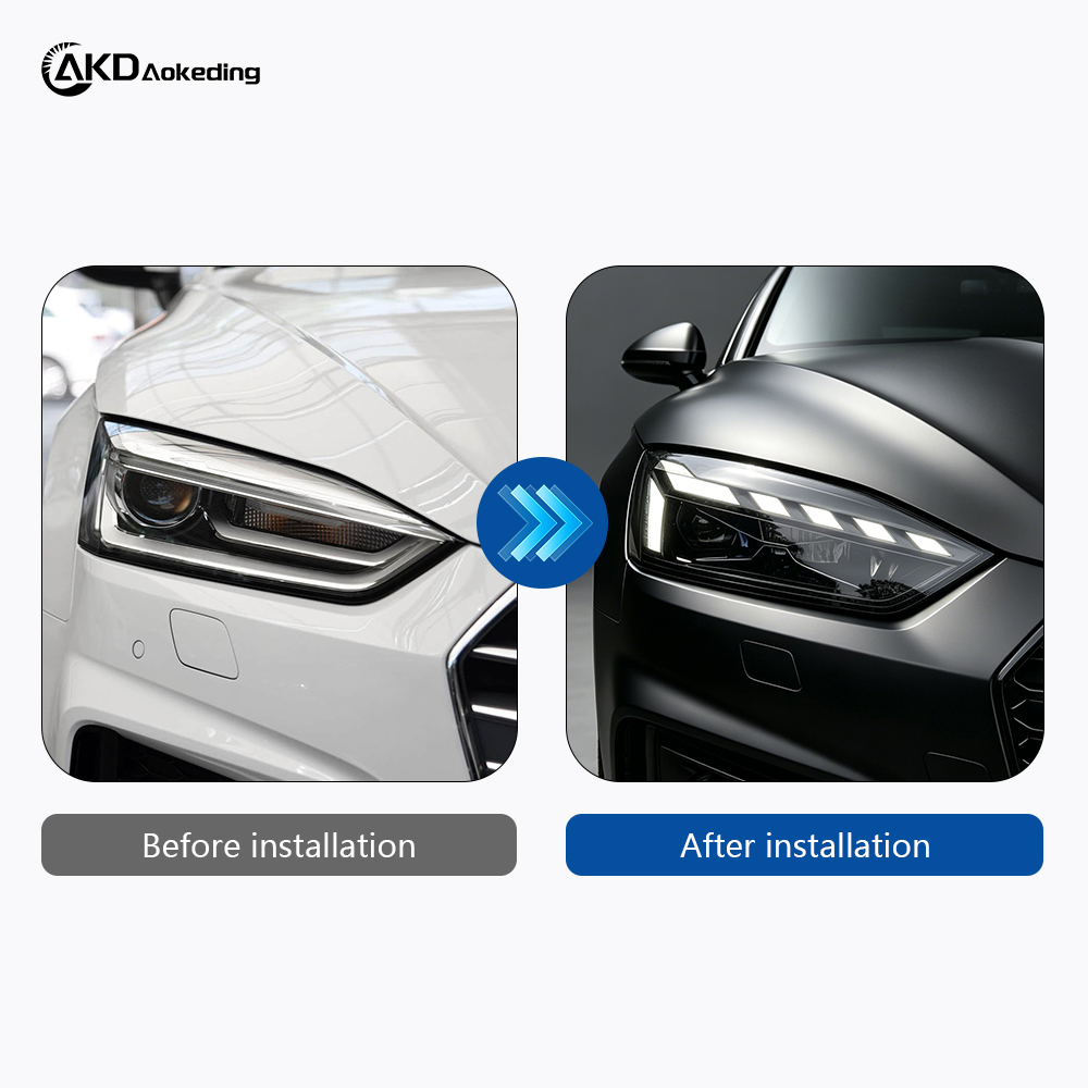 AKD headlight assembly modification for 2017-2020 Audi A5 models, featuring RS-style LED daytime running lights, dynamic turn signals, and laser headlights.