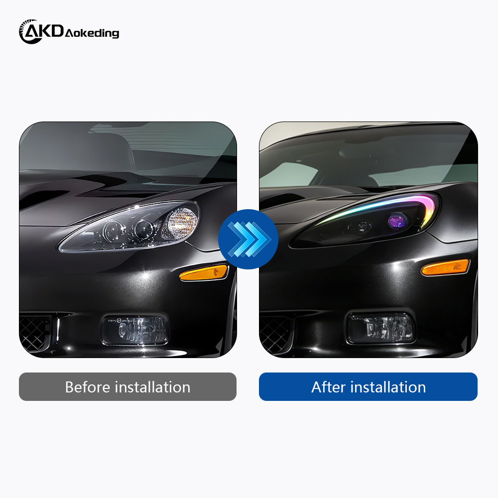 AKD headlight assembly for 2005-2013 Chevrolet Corvettes, C6 retrofit with RGB LED daytime running lights.