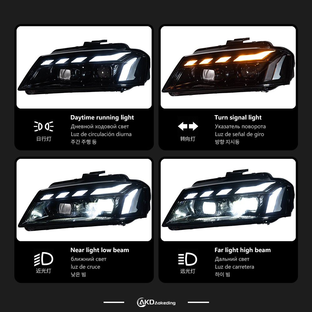 AKD Headlight Assembly Modification for 2008-2012 Audi A3 Models, RS Style with Flowing Turn Signals And LED Bi-xenon Projector Headlights.
