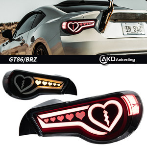 AKD taillight assembly for 2012-2020 Toyota GT86 and Subaru BRZ with heart-shaped LED sequential turn signals.