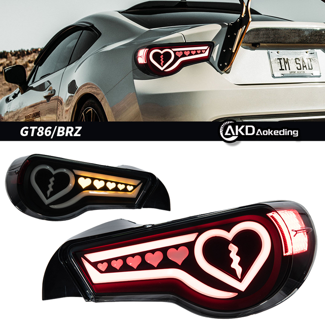 AKD taillight assembly for 2012-2020 Toyota GT86 and Subaru BRZ with heart-shaped LED sequential turn signals.